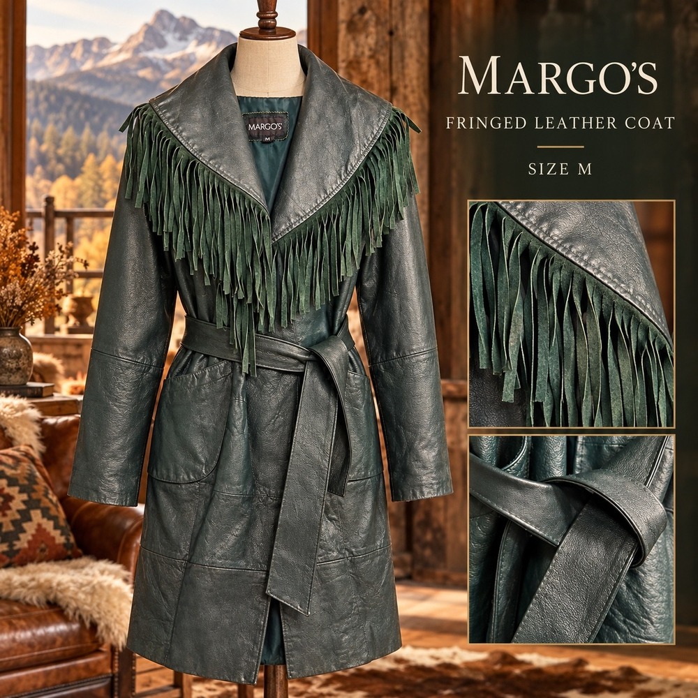 Vintage Margos Green Leather Fringe Trench Coat Western Boho Belted Jacket M